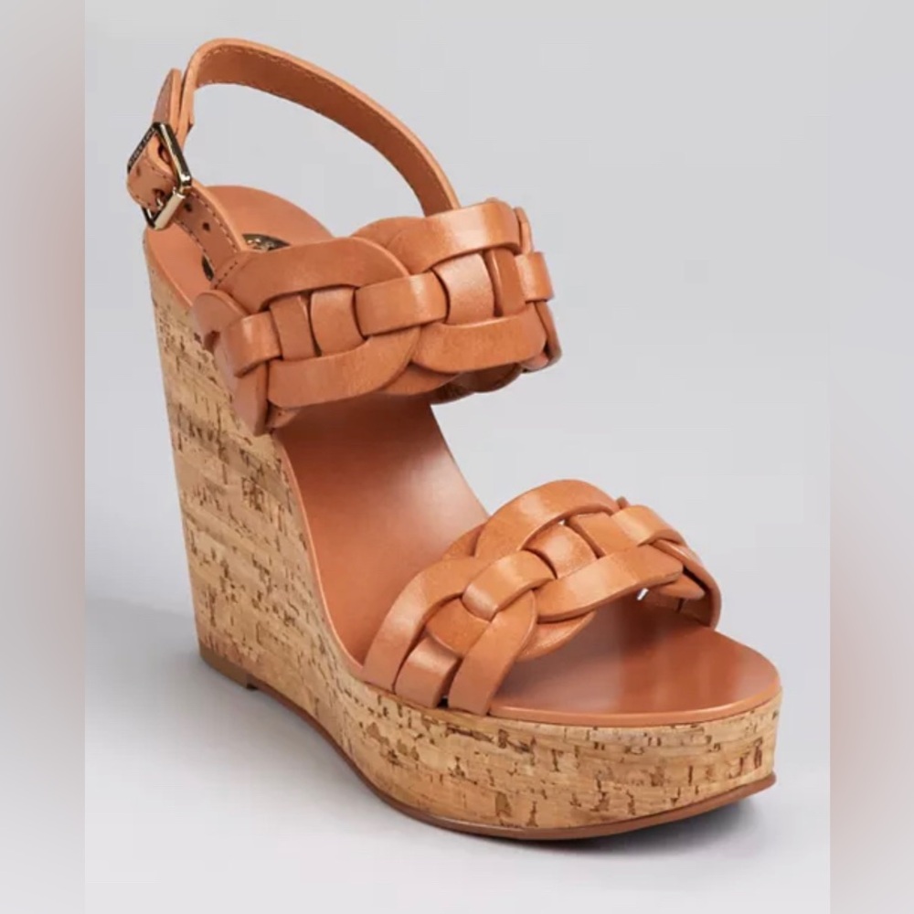 Tory Burch Calyca Wedges Braided Brown Leather Cork Heeled Sandals‎ Size 9 ￼